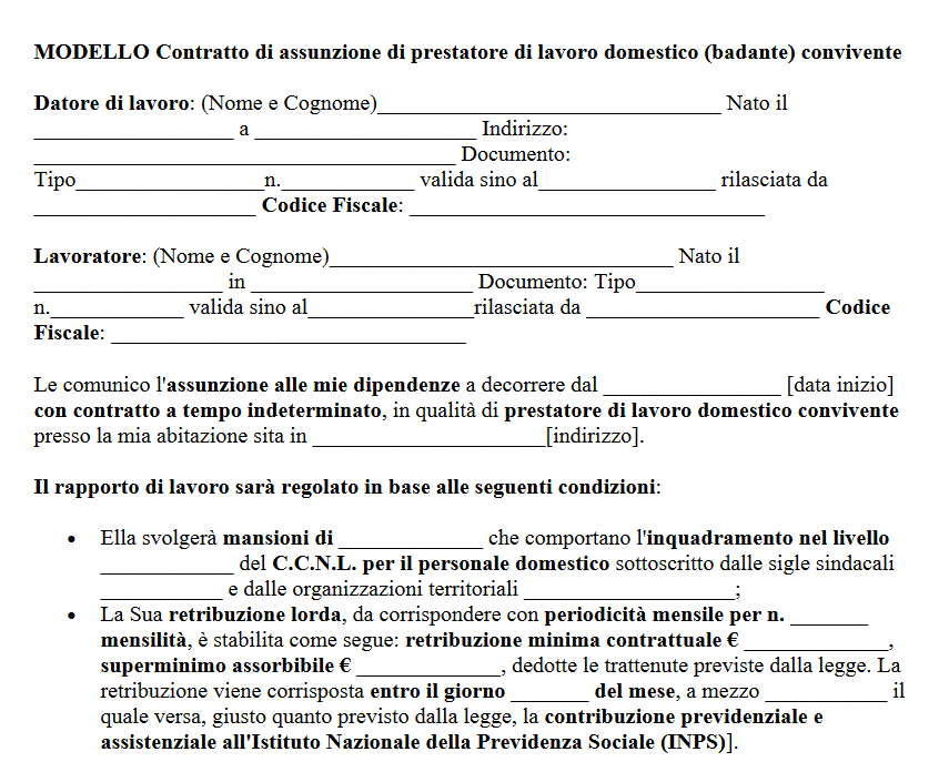 MODELLO Contratto di assunzione di prestatore di lavoro domestico